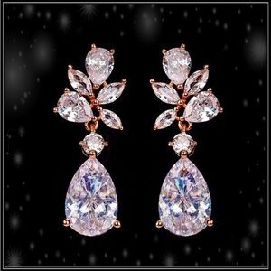 5g ORNATE SIMULATED DIAMOND LEAF EVENT PEAR DROP ROSE GOLD EARRINGS